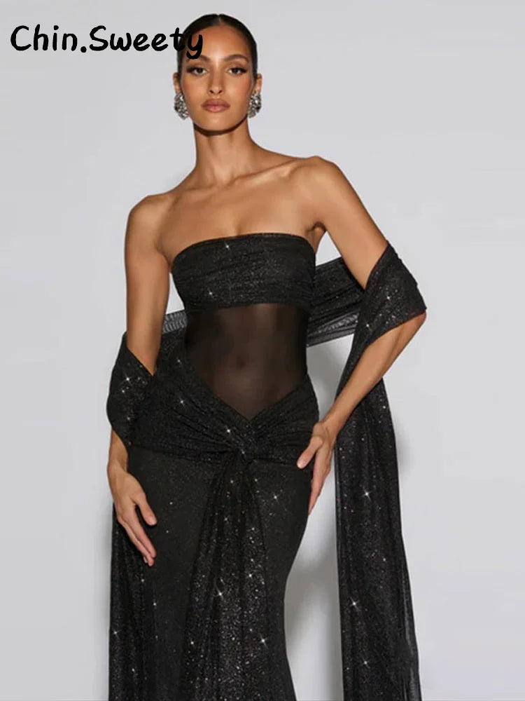Elegant Ribbon Sequined Long Knotted Dress Sleeveless Strapless See Through Pleated Dresses 2026 Spring Lady Party Evening Robes