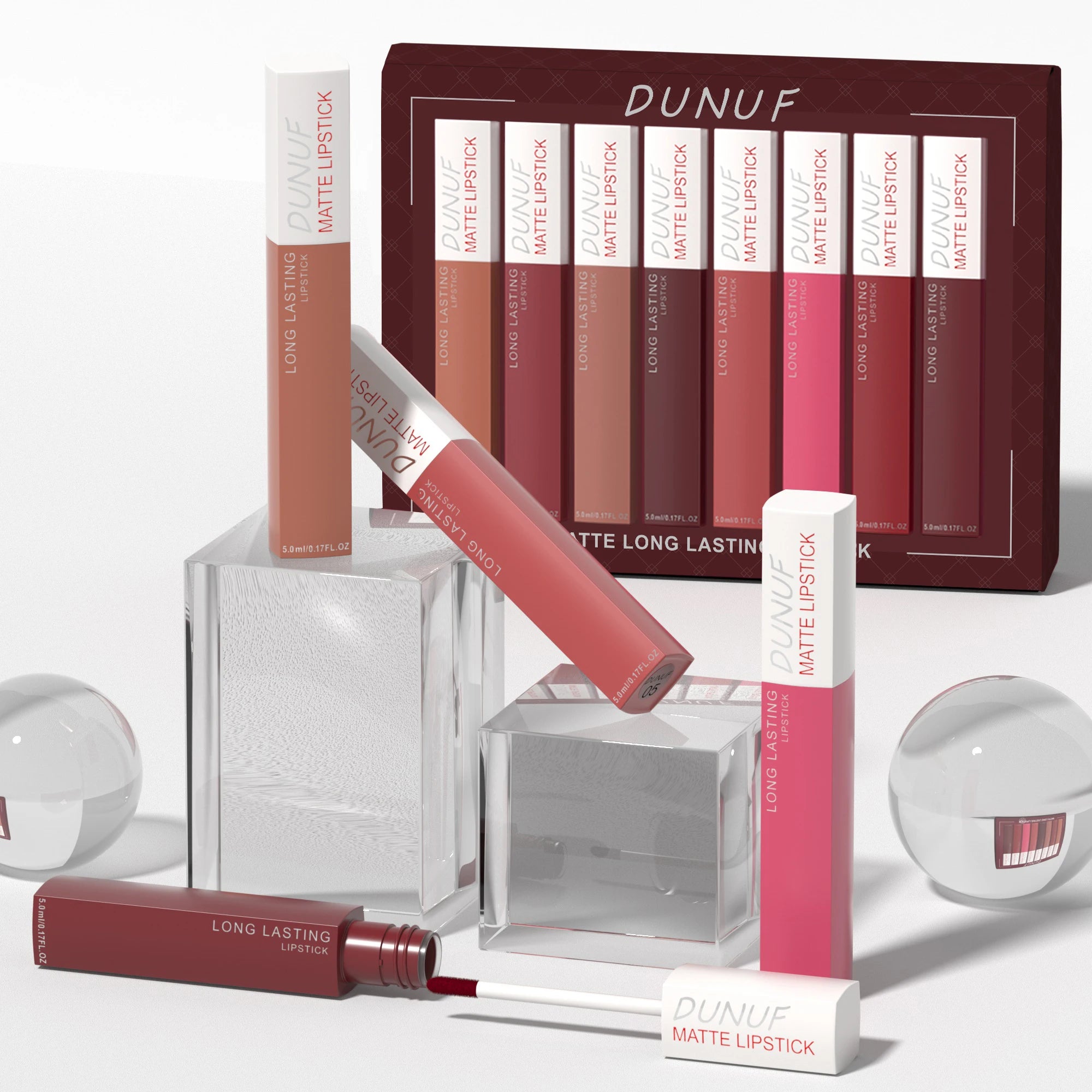 DUNUF 8 pcs matte color lasting lip gloss set three-dimensional plastic lips waterproof anti-sweat non-stick cup lipstick set