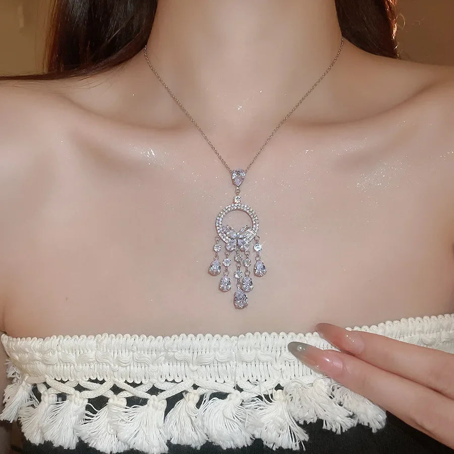 Inlaid Rhinestone Zircon Round Butterfly Jewelry Sets for Women 2025 Fashion Light Luxury High-end Wedding Earring Necklace Set