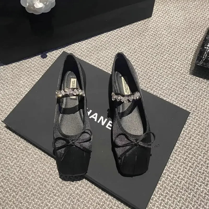Square Toe Flat Shoes for Women Rhinestone Spring Autumn 2025 New Ballet Shoes Mary Jane Shoes for Women Big Size 42 43 44