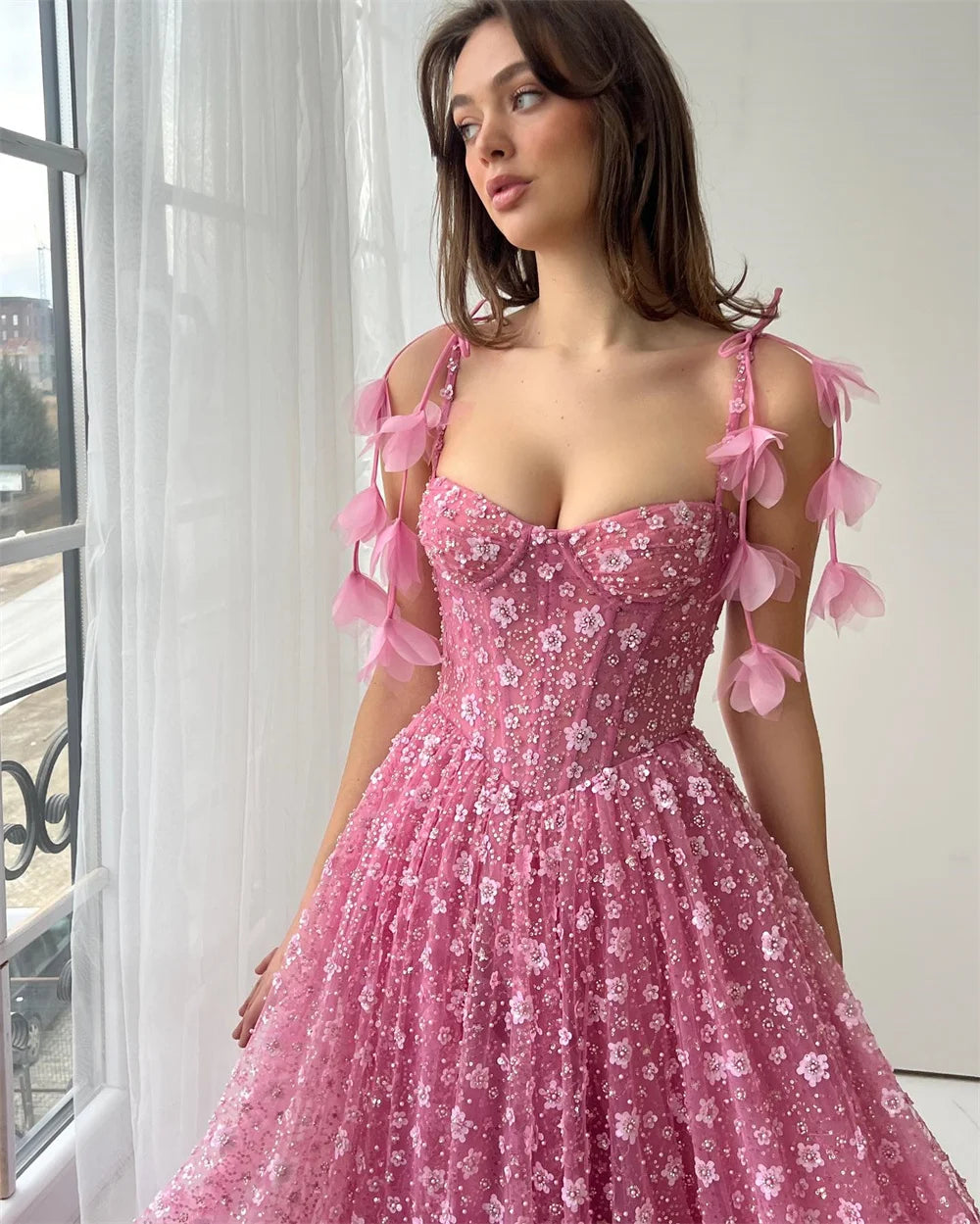 Cathy Customized Pink Spaghetti Strap Prom Dress Sleeveless A-line Evening Gown Floor-Length Appliques Lace Off-Shoulder