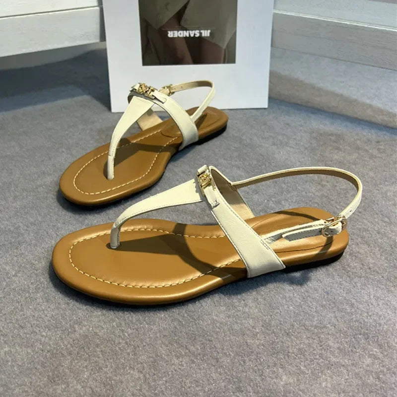 Genuine Leather Retro Clip Toe Roman Sandals Women Summer Fashion Flat Shoes Sexy T-Strap Flip Flops Casual Beach Slippers Women