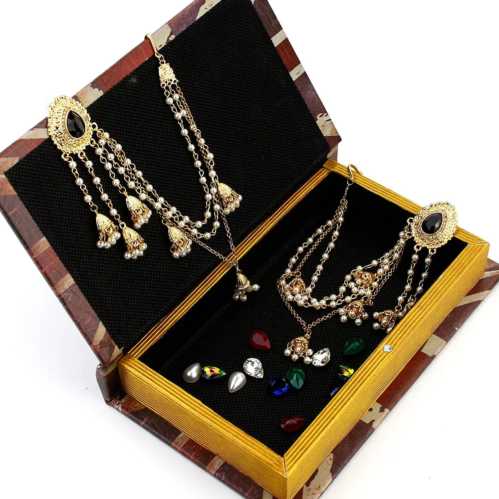 Sunspicems Fashion Indian Earring Link Headdress Jewelry Handmade Bead Chain With Metal Pendant Gold Color Bridal Bijoux Gift