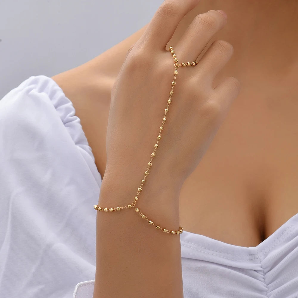 Simple Heart Pendant Chain Bracelet Link Connected Gold plated Wide Finger Ring Bracelets for Women Link Hand Harness Jewelry