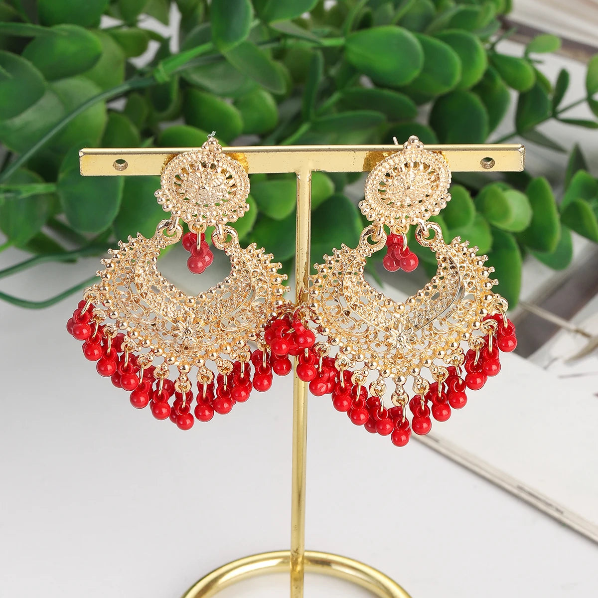 Boho Gold Color Heart Shape Carved Flower Dangle Earrings for Women Indian Jhumka Earrings