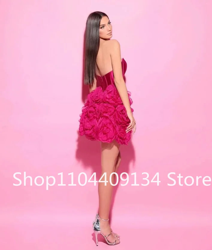 Fuchsia Red Mini Cocktail Dress Sweetheart Corset Top 3D Floral Skirt Satin Mermaid Gown for Birthday Gala Prom Customized