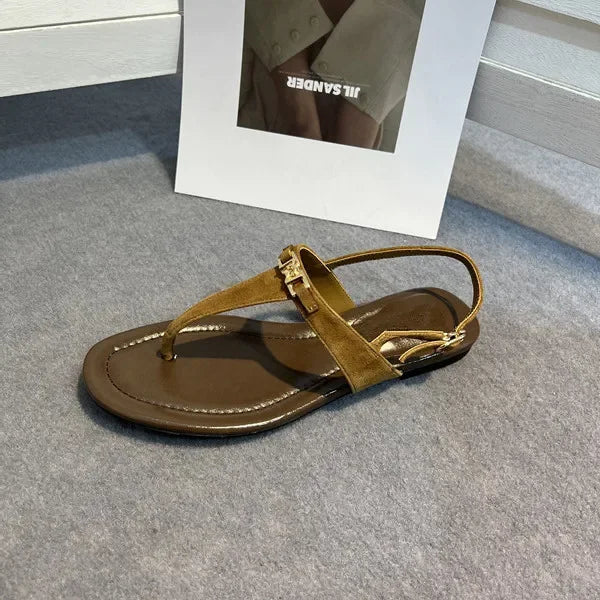 Genuine Leather Retro Clip Toe Roman Sandals Women Summer Fashion Flat Shoes Sexy T-Strap Flip Flops Casual Beach Slippers Women
