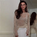 Sequined Knitting O-neck Pullover Women Elegant Hollow Out Design Long Sleeve 2025 Spring Evening Party Tops for Ladies
