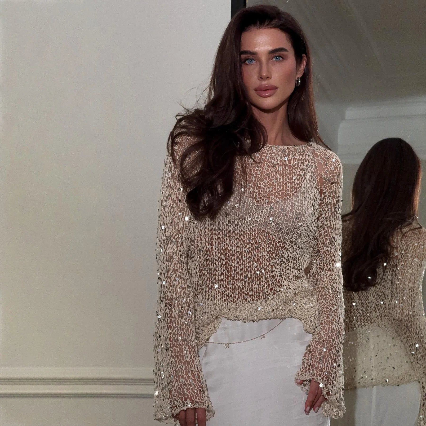 Sequined Knitting O-neck Pullover Women Elegant Hollow Out Design Long Sleeve 2025 Spring Evening Party Tops for Ladies