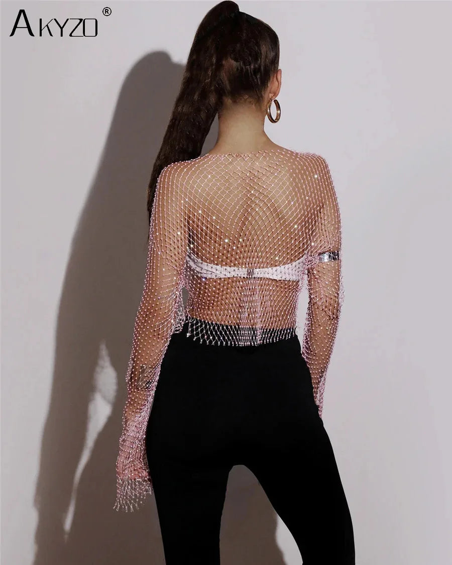 Autumn Women Sexy See Through Fishnet T Shirt Glitter Rhinestone Hollow Mesh Long Sleeve Crop Tops Nightclub Party Festival Top