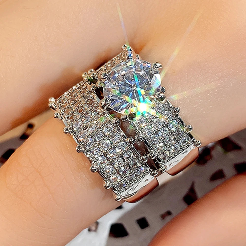 Huitan Set Lady Rings Luxury Wedding Engagement Party Finger Accessories Inlaid Shining Cubic Zirconia Graceful Fashion Jewelry