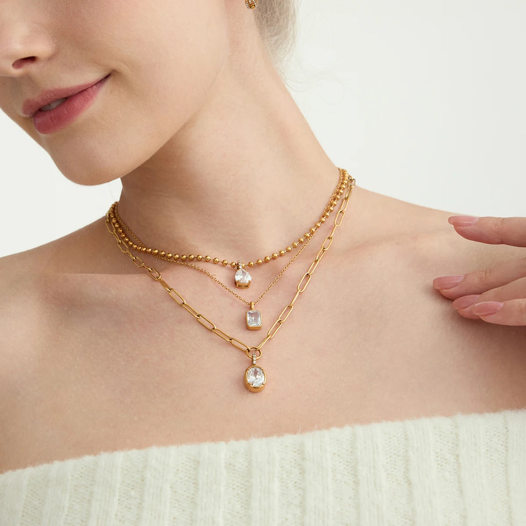 Uworld Minimalist White Zircon Geometric Pendant O-Chain Necklace Stainless Steel Stackable Chain Heart Pendant Necklace Women's