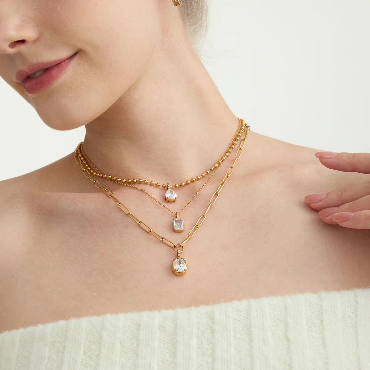 Uworld Minimalist White Zircon Geometric Pendant O-Chain Necklace Stainless Steel Stackable Chain Heart Pendant Necklace Women's