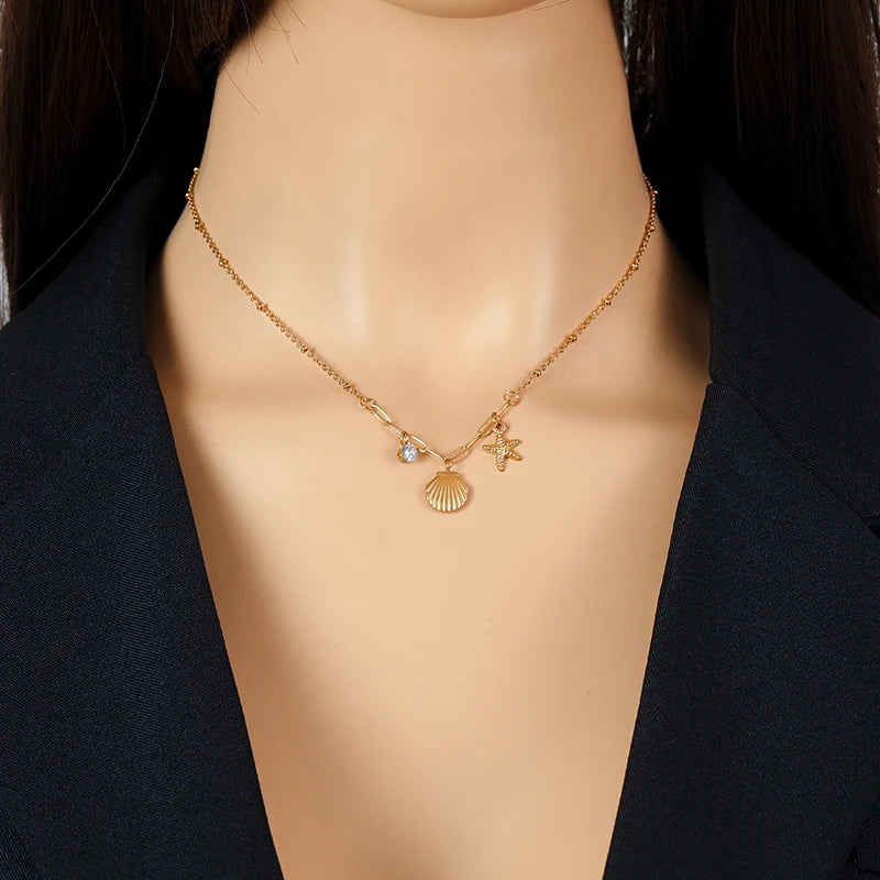 EILIECK 316L Stainless Steel Gold Color Shell Starfish Zircon Pendant Necklace For Women Fashion New Gift Neck Chain Jewelry