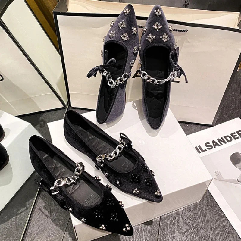Metal Chain Design Pointed Toe Ballet Shoes Women Luxury Rhinestone Decoration Flats Mary Jane Shoes Fashion Banquet Dress Shoes