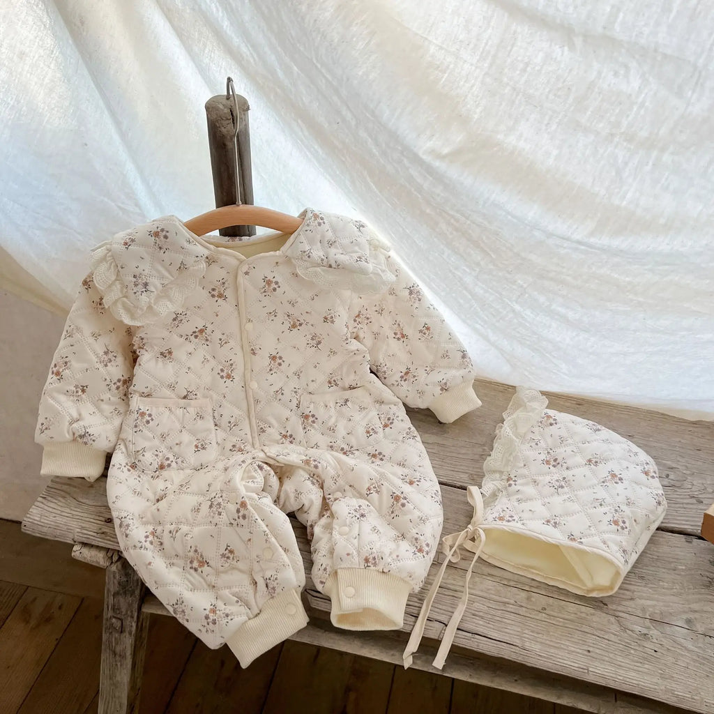 2psc Winter Newborn Infant Baby Girls Flower Romper + Hat Lapel Thickening Rompers Kids Onepiece Fashion Baby Clothing