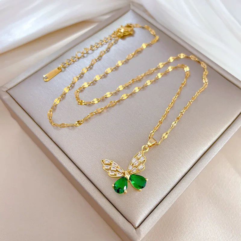 DIEYURO 316L Stainless Steel Steell Green Crystal Hollow Out Butterfly Necklace Earring Set For Women New Fashion Jewelry Gift