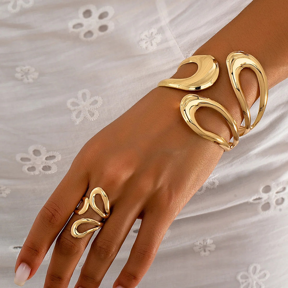 2 PCS/Set Vintage Geometric Irregular Metal Jewelry Bracelet Ring Sets for Women Girls Creative Design Sense Sets Jewelry