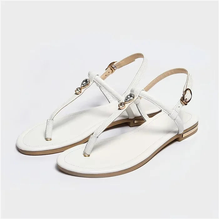 FOREADA Women Shoes Summer Sandals Genuine Leather Crystal Flat Shoes Buckle Open Toe T-Strap Sandals Ladies Gold Plus Size 3-12