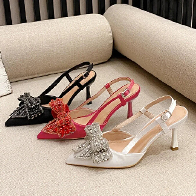 Aneikeh Pointed Toe Women Pumps Designer Crystal Butterfly-knot Elegant Slingbacks Buckle Strap High Heels Wedding Shoes