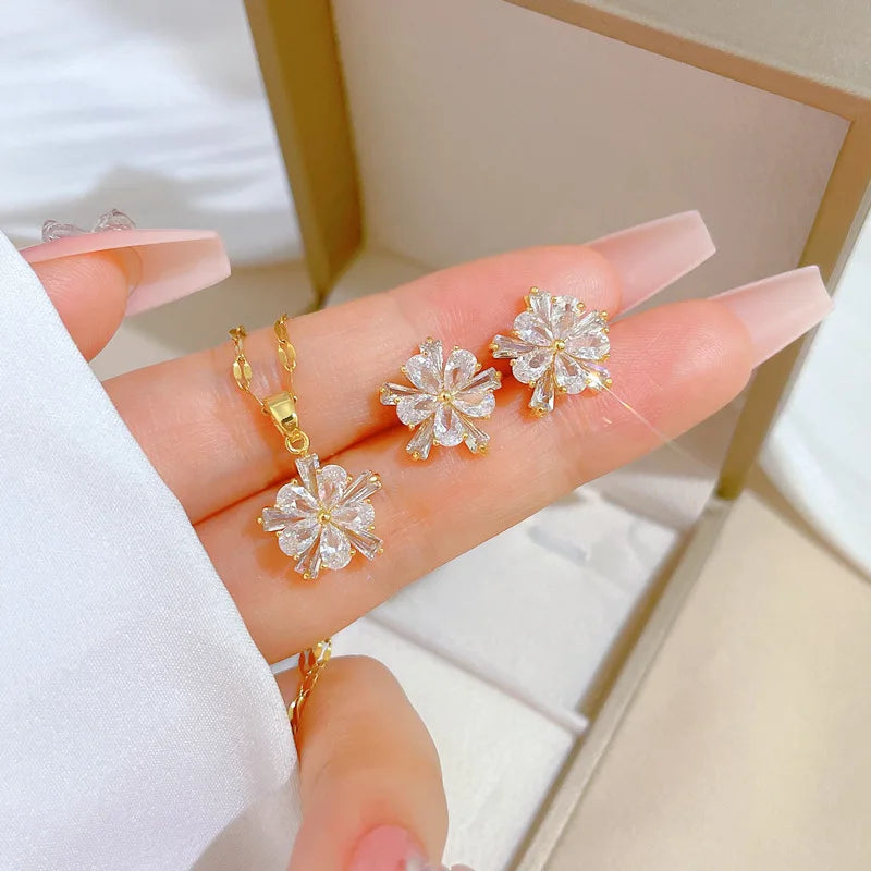 DIEYURO 316L Stainless Steel Lovely White Crystal Flower Charm Necklace Earrings For Women Girl New Trendy Jewelry Set Gift