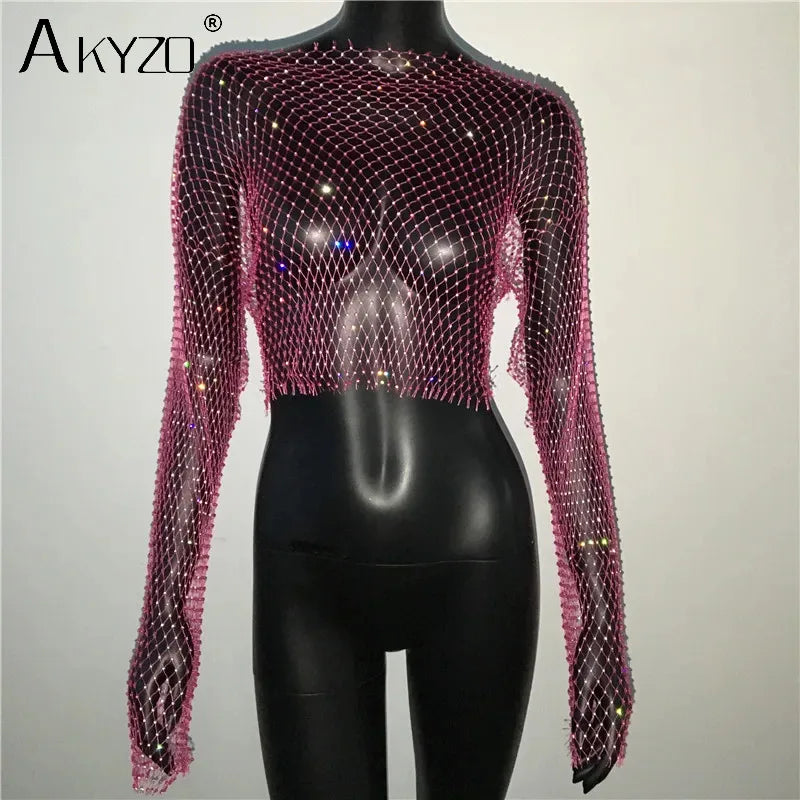 Autumn Women Sexy See Through Fishnet T Shirt Glitter Rhinestone Hollow Mesh Long Sleeve Crop Tops Nightclub Party Festival Top