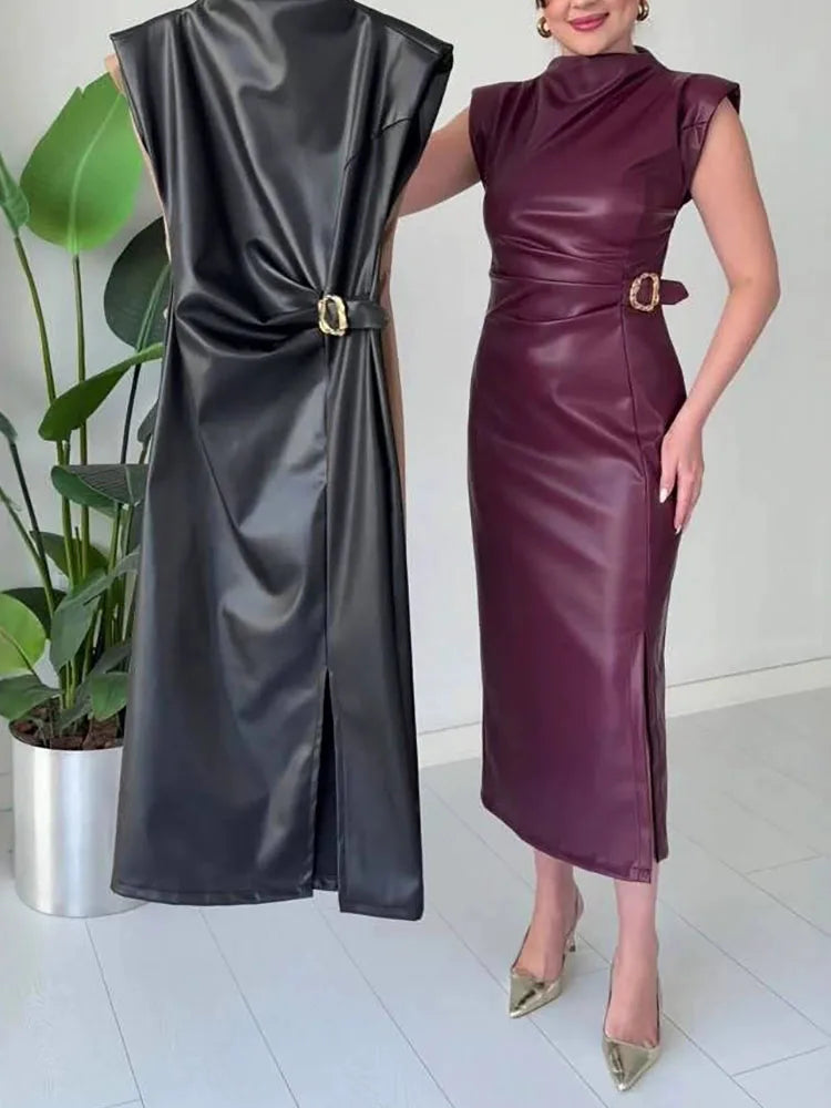 Autumn High Waist Slim Fit Solid A-line Dress Vintage Office Straight Long Dress Fashion Women's O-neck Sleeveless Leather Dress