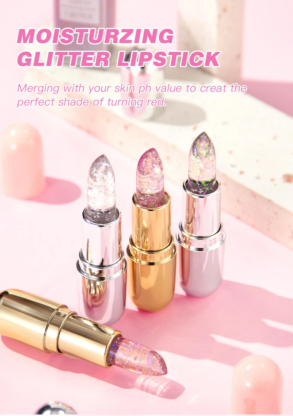 QIBEST Glitter Lipstick Lip Balm Color Change Transparent Moisturizing Crystal Jelly Pearlescent Lip Plumper Gloss Tint Cosmetic