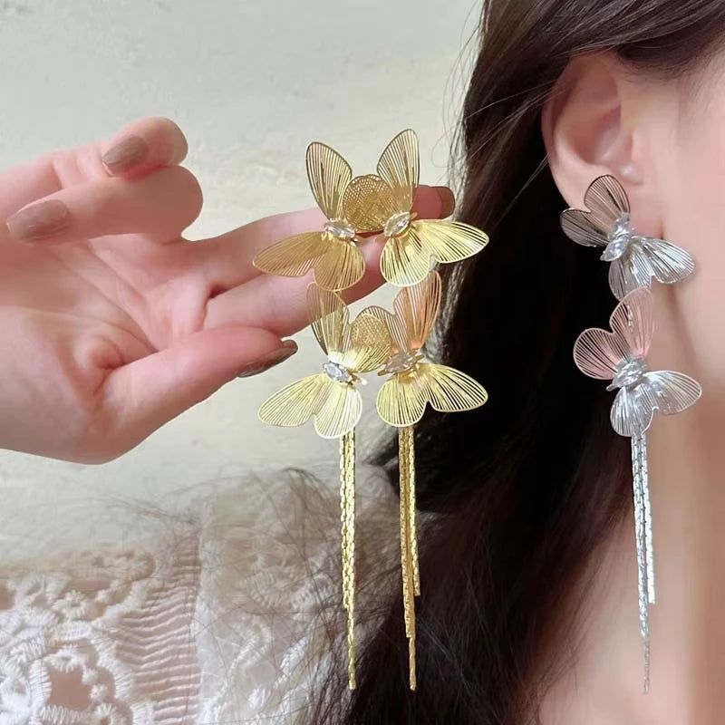 FTCY Exaggerated Butterfly Tassel Earrings for Women Vintage Gold Color Metal Hollow Drop Earrings Women's Jewelry Gifts