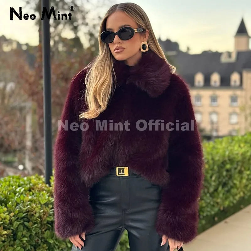 Neo Mint Ins Blogger Brand Fashion Burgundy Obsession Faux Fur Coat Women Winter 2025 Vintage Brown Fox Fur Jacket Warm Overcoat