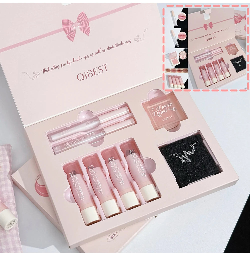 7Pcs/Box Makeup Sets 4PCS Velvet Nude Liquid Lipstick,1 Lip Cream,1 Lip Oil,1 Face Blush Palette And Necklace Gift Cosmetic Kits