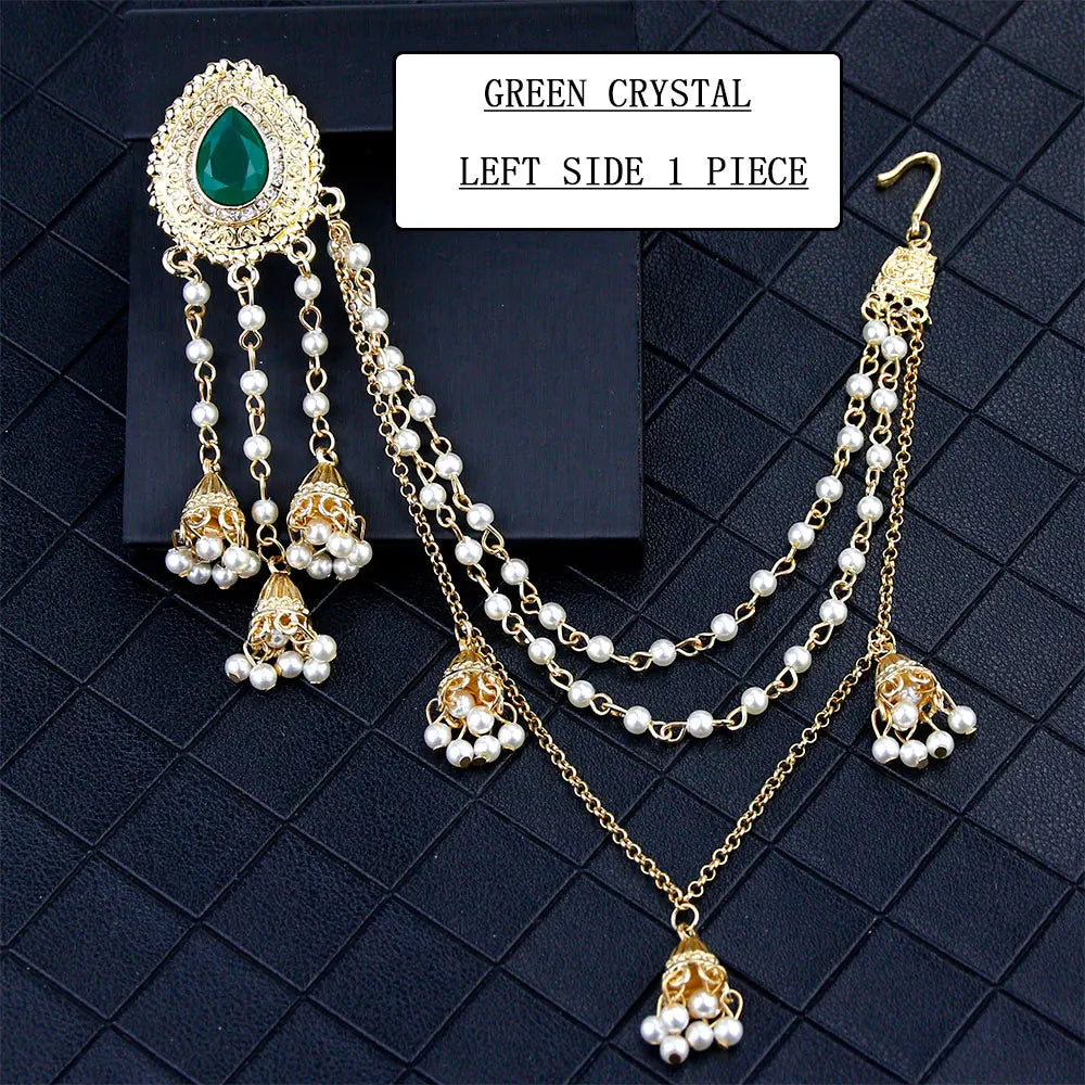 Sunspicems Fashion Indian Earring Link Headdress Jewelry Handmade Bead Chain With Metal Pendant Gold Color Bridal Bijoux Gift
