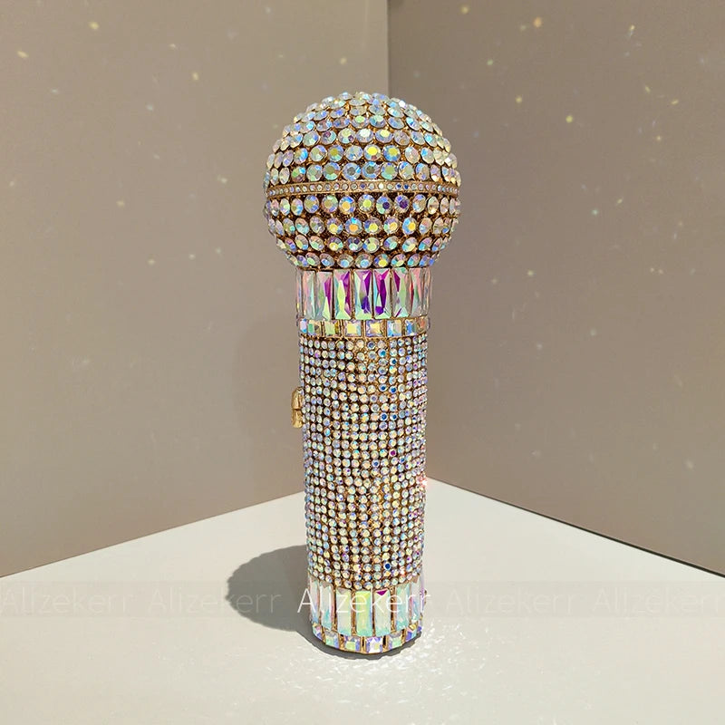 Alizekerr Microphone Shaped Rhinestone Evening Bags Women Gorgeous Unique Diamond Metal Clutch Purses And Handbags Wedding Party