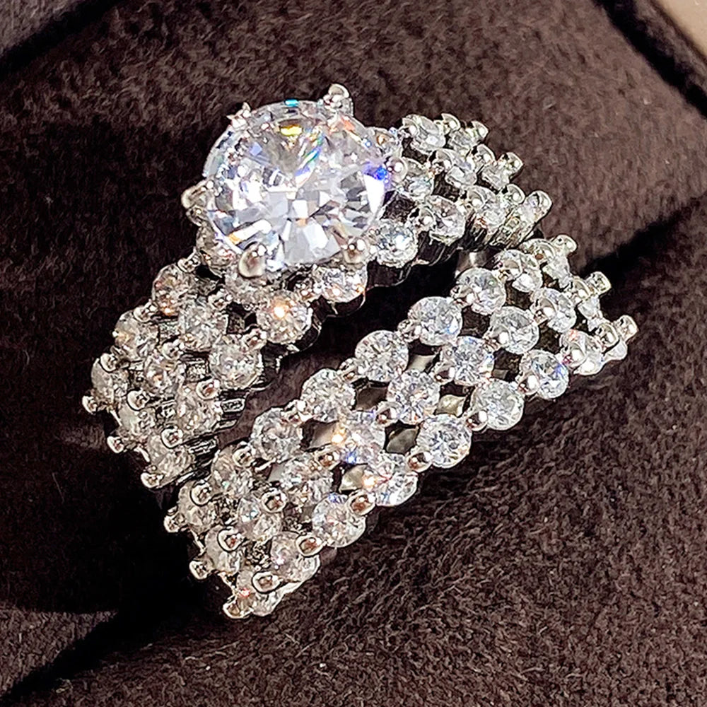 Huitan Set Lady Rings Luxury Wedding Engagement Party Finger Accessories Inlaid Shining Cubic Zirconia Graceful Fashion Jewelry