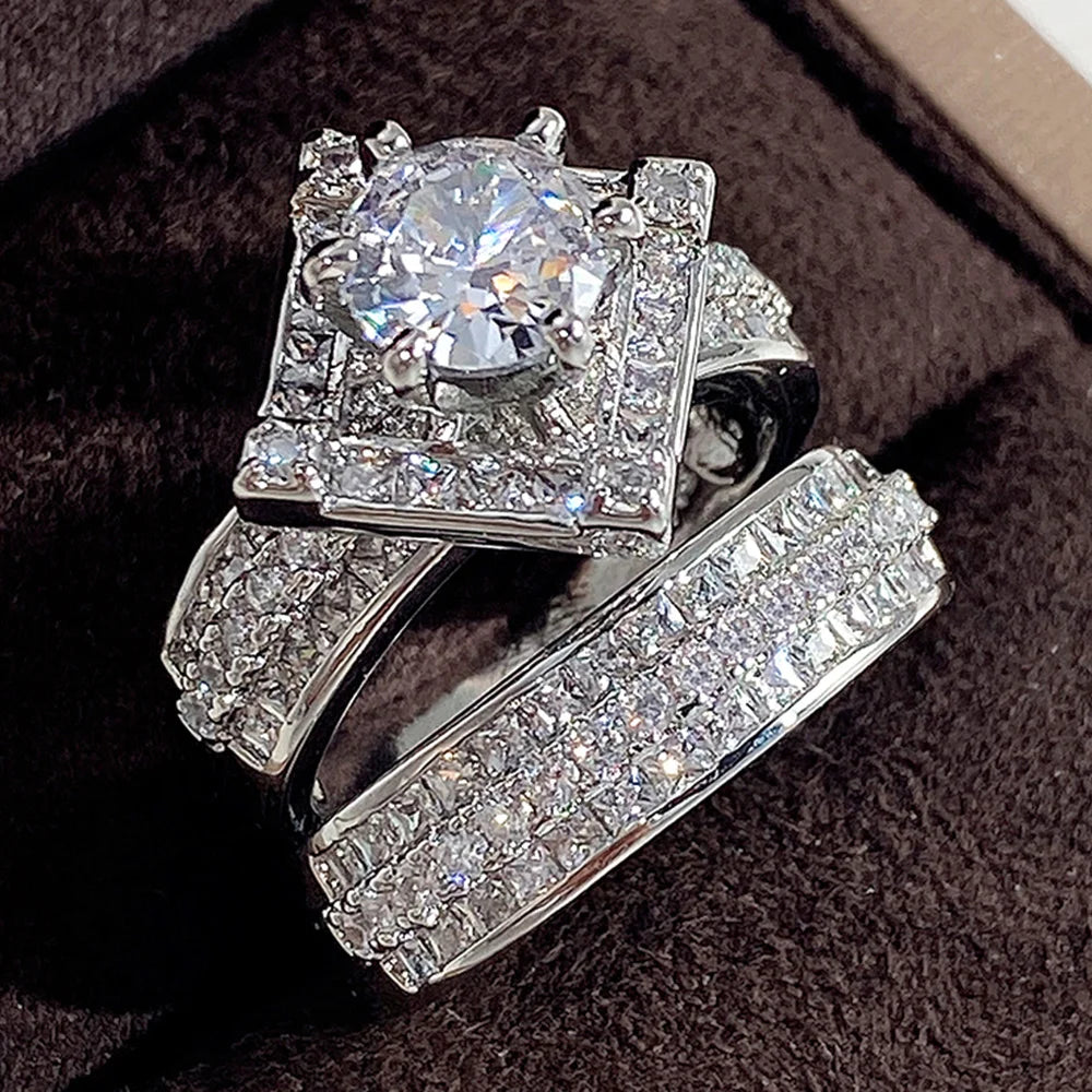 Huitan Set Lady Rings Luxury Wedding Engagement Party Finger Accessories Inlaid Shining Cubic Zirconia Graceful Fashion Jewelry