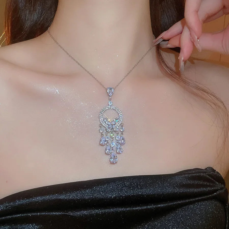 Inlaid Rhinestone Zircon Round Butterfly Jewelry Sets for Women 2025 Fashion Light Luxury High-end Wedding Earring Necklace Set