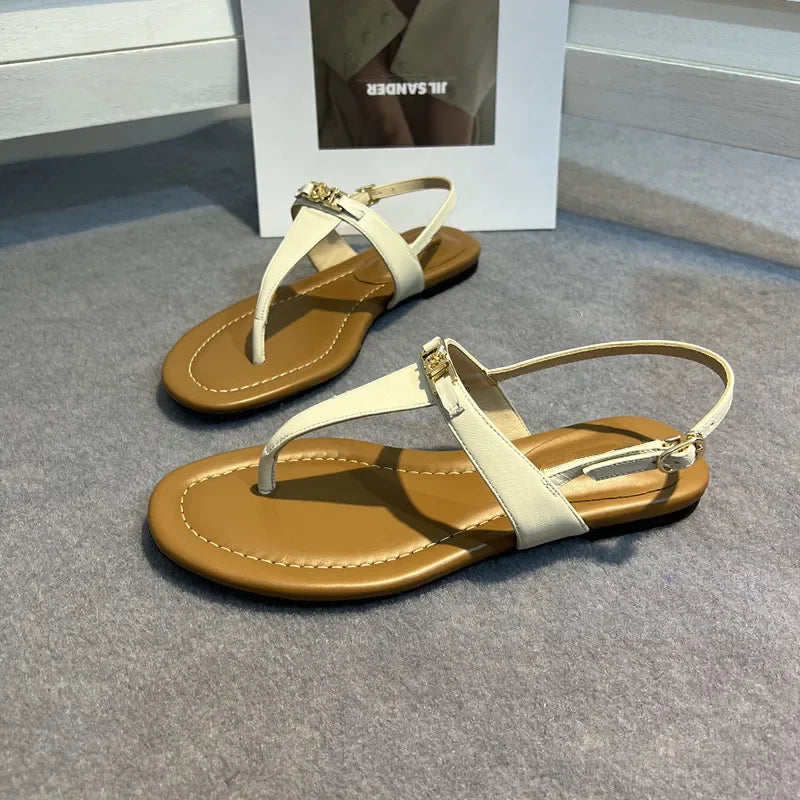 Genuine Leather Retro Clip Toe Roman Sandals Women Summer Fashion Flat Shoes Sexy T-Strap Flip Flops Casual Beach Slippers Women