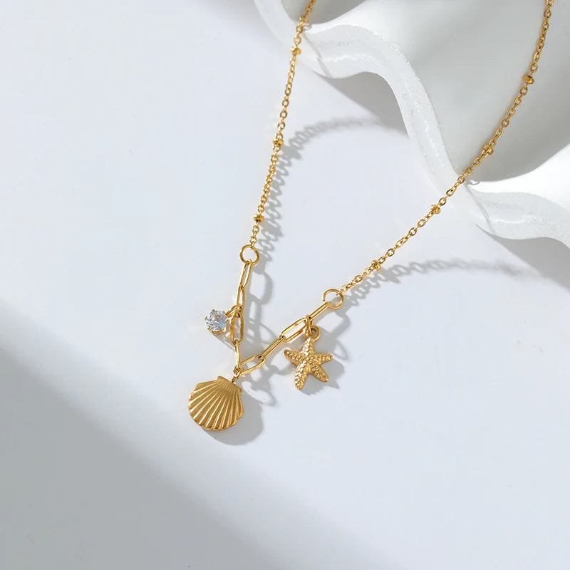 EILIECK 316L Stainless Steel Gold Color Shell Starfish Zircon Pendant Necklace For Women Fashion New Gift Neck Chain Jewelry