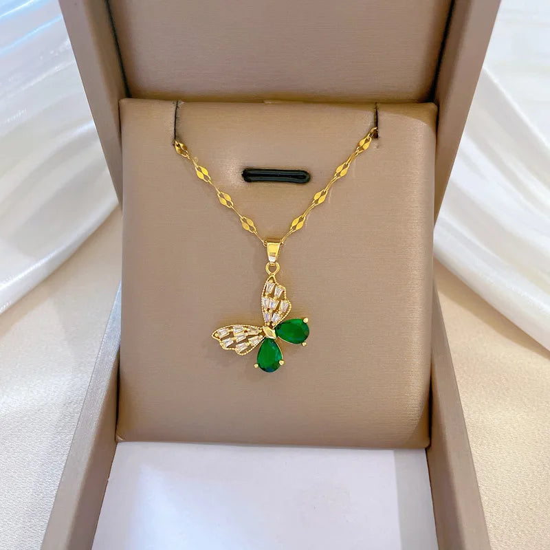 DIEYURO 316L Stainless Steel Steell Green Crystal Hollow Out Butterfly Necklace Earring Set For Women New Fashion Jewelry Gift