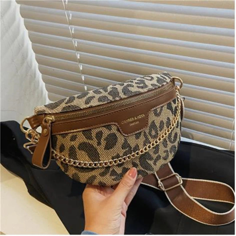 New Fashion Leopard Women Waist Bag Female Phone Purses Ladies Chest Wide Strap Crossbody Shoulder Bags Small Chain Fanny Packs
