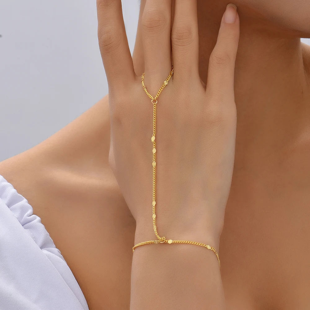 Simple Heart Pendant Chain Bracelet Link Connected Gold plated Wide Finger Ring Bracelets for Women Link Hand Harness Jewelry