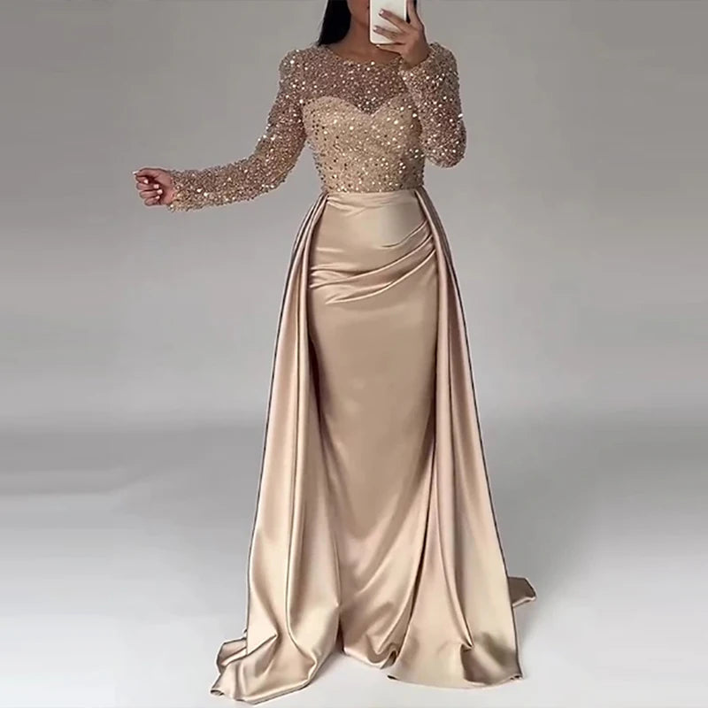Elegant Satin Sequin Stitching Dress Luxury Glitter High Waist Gala Evening Dress Women Chic Long Sleeve Full Length Party Dress