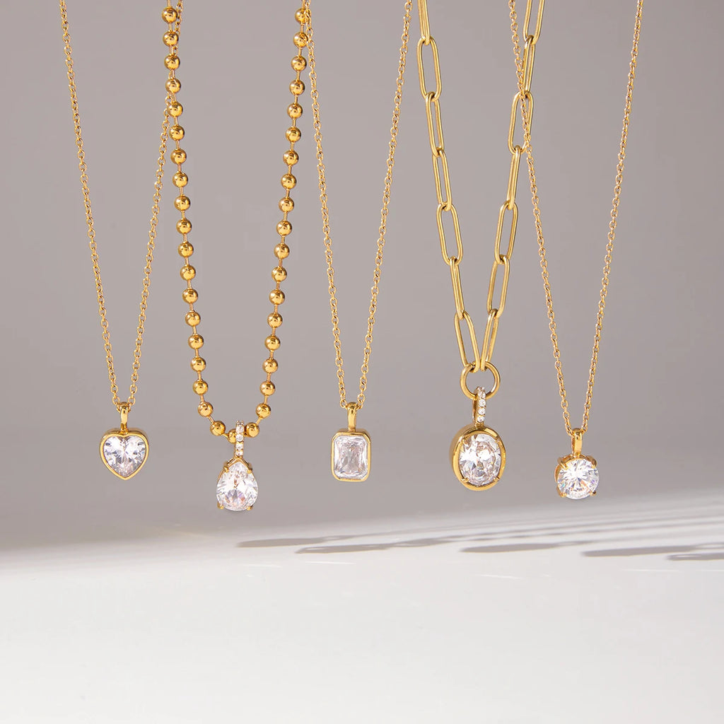 Uworld Minimalist White Zircon Geometric Pendant O-Chain Necklace Stainless Steel Stackable Chain Heart Pendant Necklace Women's