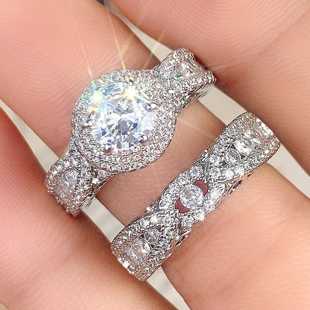 Huitan Set Lady Rings Luxury Wedding Engagement Party Finger Accessories Inlaid Shining Cubic Zirconia Graceful Fashion Jewelry