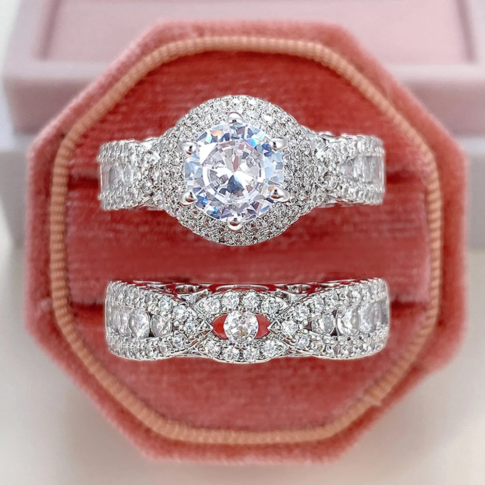 Huitan Set Lady Rings Luxury Wedding Engagement Party Finger Accessories Inlaid Shining Cubic Zirconia Graceful Fashion Jewelry