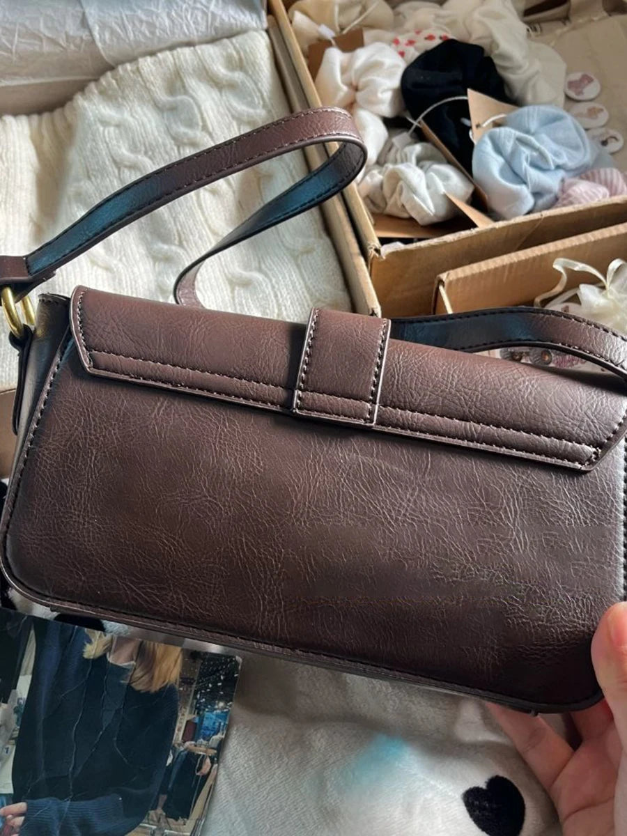 American Vintage Brown Pu Shoulder Bag Four Season High-Quality Buckle Decorate Ladies Handbag Streetwear Preppy Style Y2k Bags