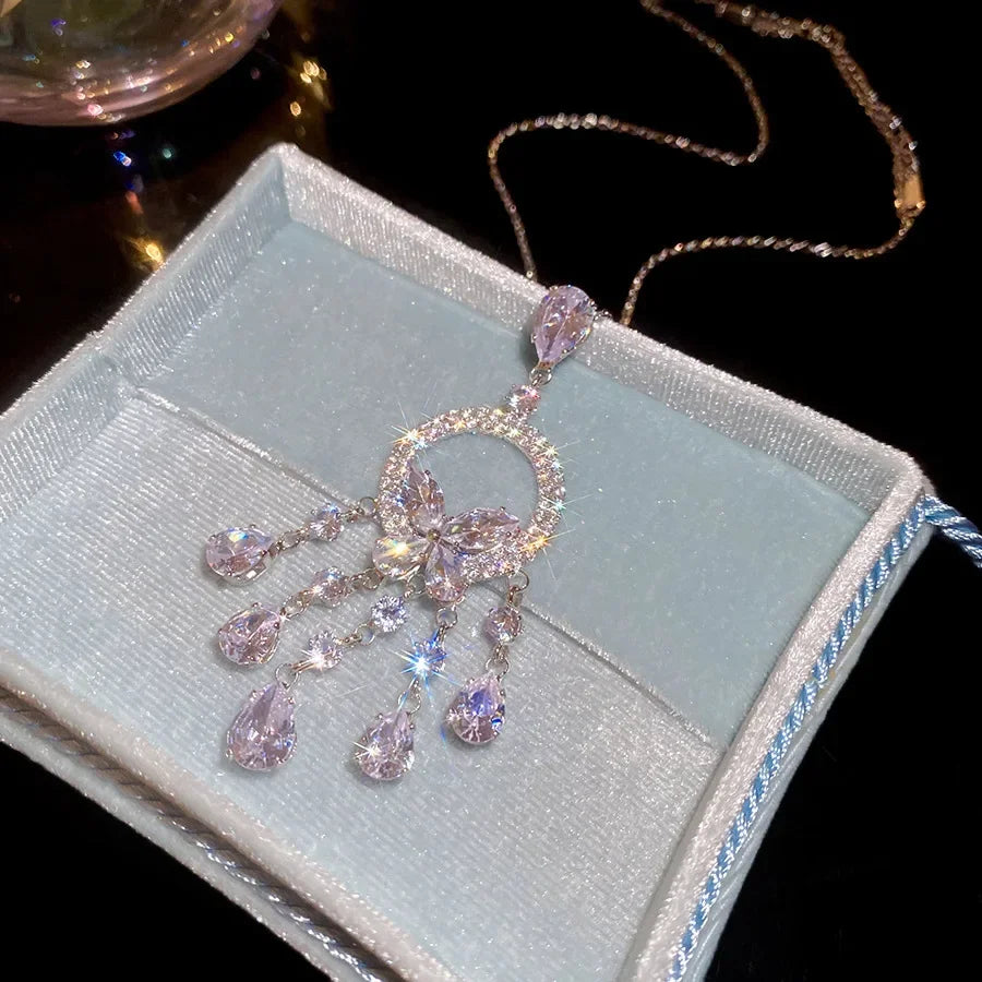 Inlaid Rhinestone Zircon Round Butterfly Jewelry Sets for Women 2025 Fashion Light Luxury High-end Wedding Earring Necklace Set