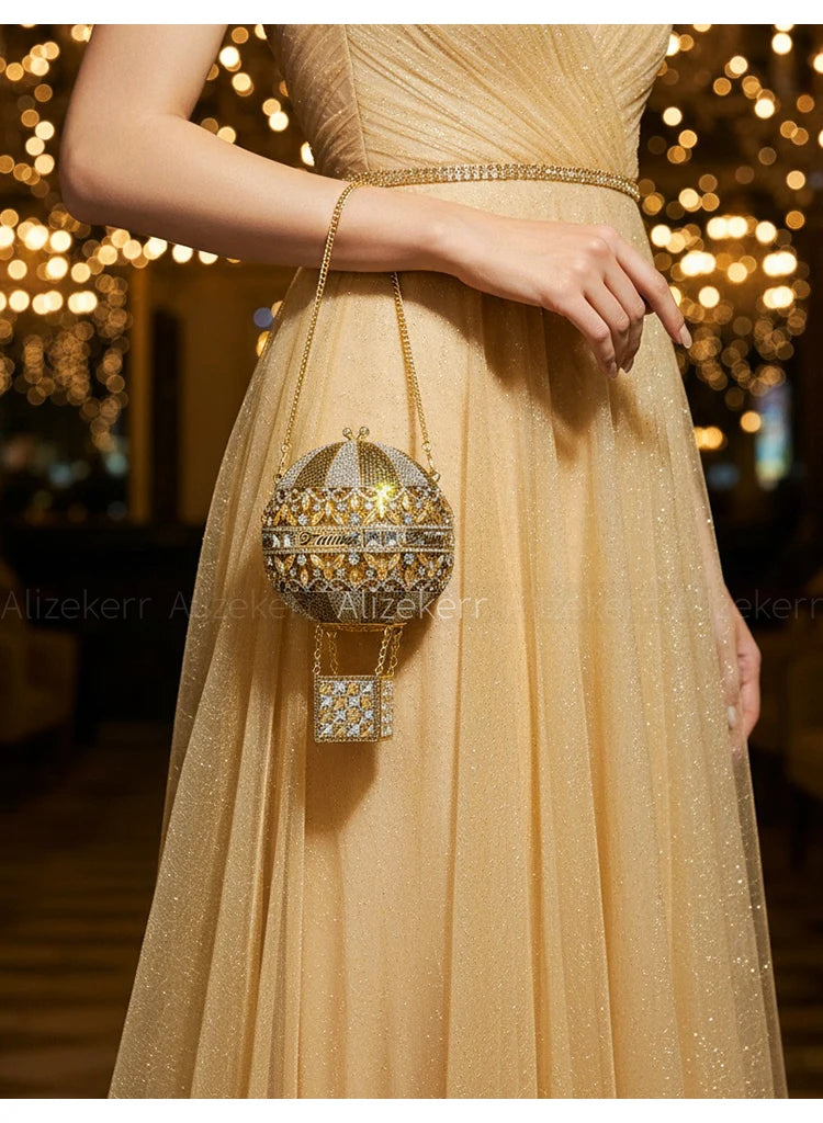 Alizekerr Hot Air Balloon Shaped Crystal Evening Bags Women Luxury Classy Unique Rhinestone Circular Clutch Purses Wedding Party
