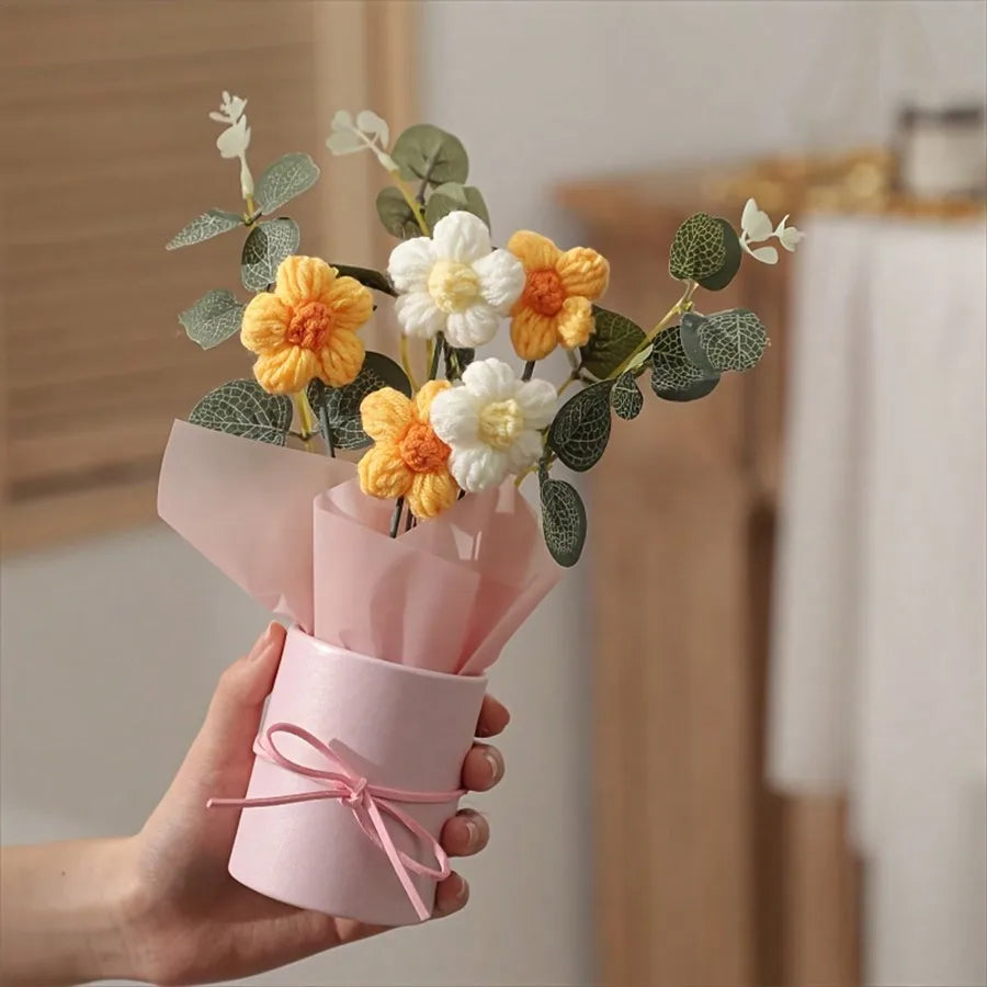 1pc Artifiical Folwer Bouquet Wool Puff Flower Bucket Home Furnishings Handmade Crochet Yarn Bouquet Valentine's Day Gift Home