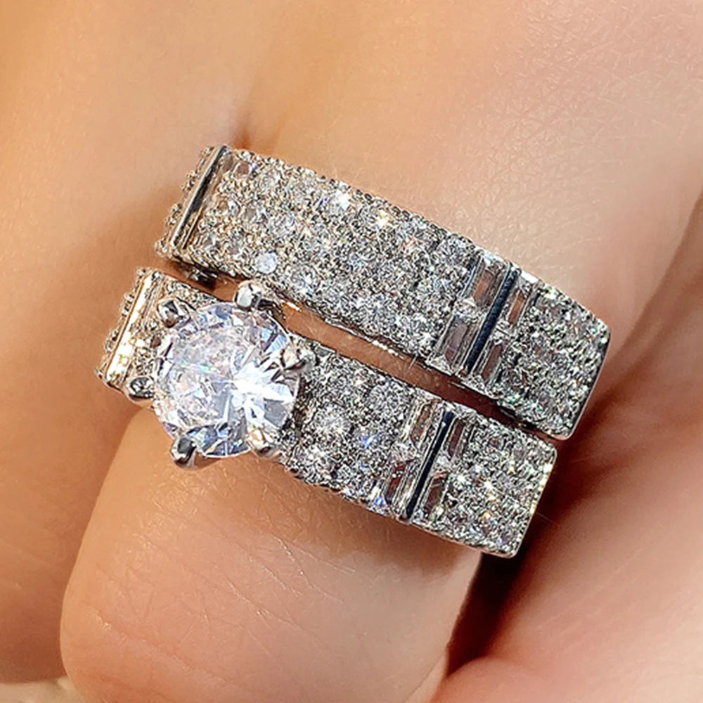 Huitan Set Lady Rings Luxury Wedding Engagement Party Finger Accessories Inlaid Shining Cubic Zirconia Graceful Fashion Jewelry
